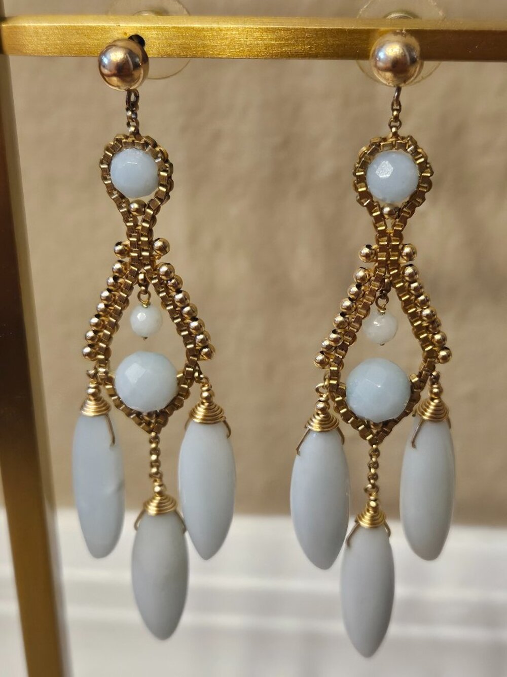 RARE DESIGNER MIGUEL ASES AMAZONITE STONE BEADED TEARDROP CHANDELIER EARRINGS